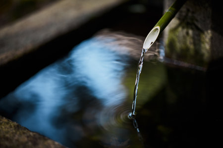 Washing hands at a Japanese shrineの写真素材