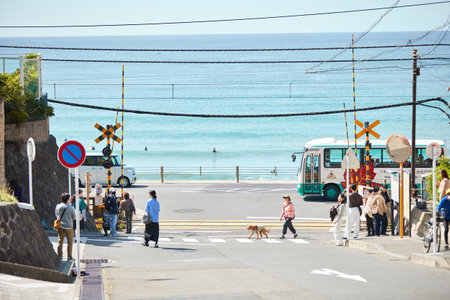 sea and railroad crossingの写真素材