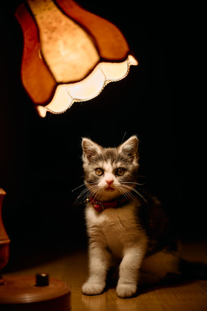 old lamp and munchkin kittenの写真素材