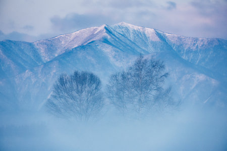 cold fog and mountainrange in hokkaidojの写真素材