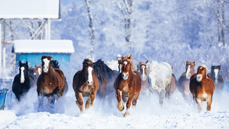 running horse in winter hokkaidoの写真素材