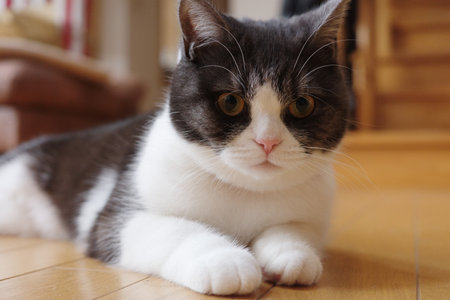 cat relaxing in the living roomの写真素材