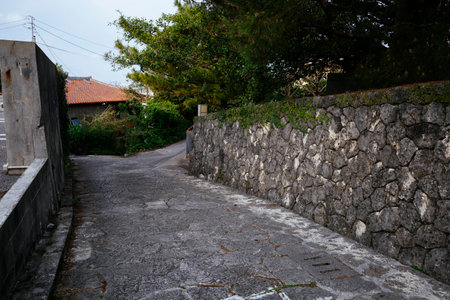 Old cobblestone road in Okinawaの写真素材