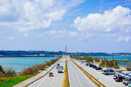 Road above the sea in Okinawaの写真素材