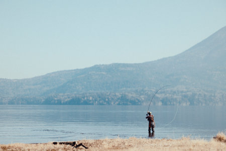 People fishing at Lake Akanの写真素材