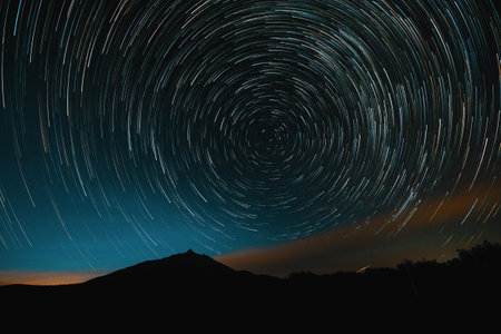 star trail in winter hokkaidoの写真素材