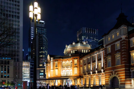 tokyo station night view in Japanの写真素材