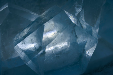 ice cube close-up macro photography, blue background, abstract texture