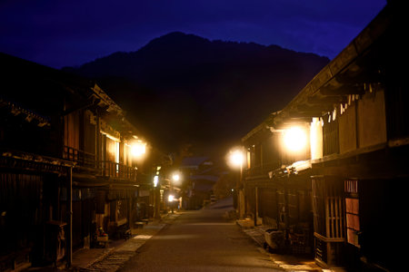 night view of tsumago jukuの写真素材