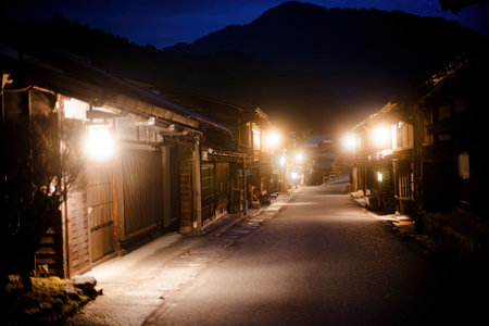night view of tsumago jukuの写真素材