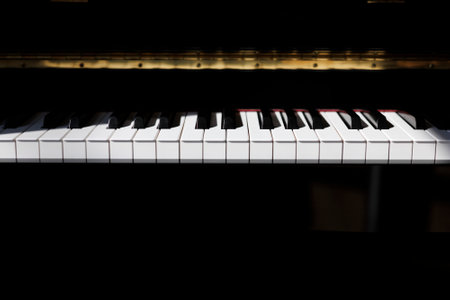 Piano keys on a black background, shallow depth of field.の写真素材