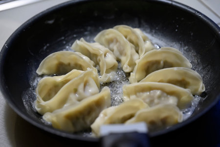 Cooking gyoza in the kitchenの写真素材
