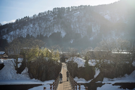 Suspension bridge leading to Shirakawa-goの写真素材
