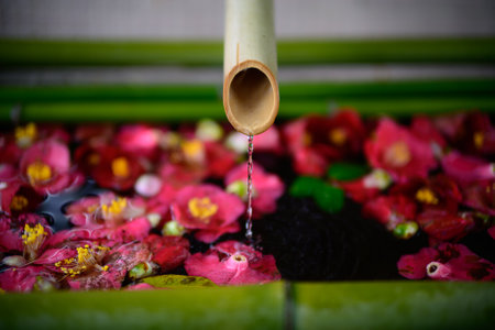 Japanese shrine decorated with flowersの写真素材