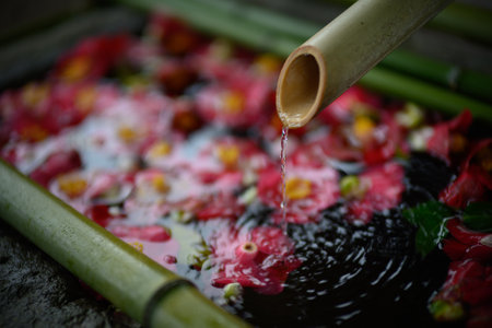 Japanese shrine decorated with flowersの写真素材