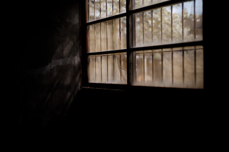 abstract background of window with light and shadow in dark room.の写真素材