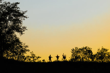 scarecrow and tree in sunsetの写真素材