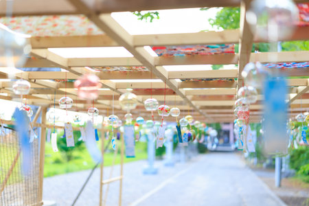 Colorful garlands hanging on the roof of the pavilion.