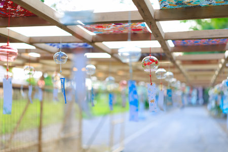 Colorful paper lanterns in a temple. Selective focus.の写真素材