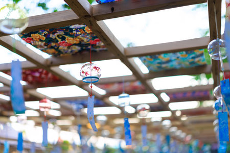 Colorful paper lanterns hanging on the ceiling in the temple.の写真素材