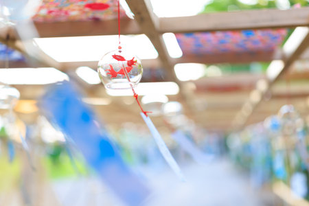 Colorful glass balls hanging on the rope with blurred background and bokeh