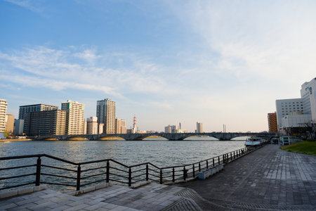 Niigata City and the Shinano Riverの写真素材