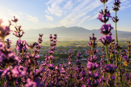 lavender field and sunrise in hokkaidoの写真素材