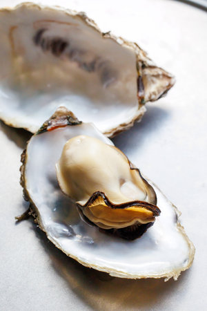 Fresh oysters on a white background. Shallow depth of field.の写真素材