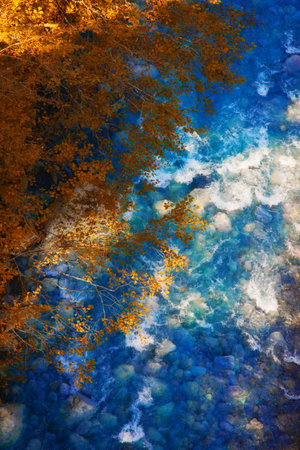 blue river and autumn leavesの写真素材