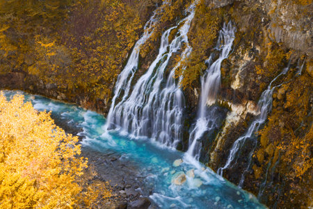 shirohige waterfall in autumn hokkaidoの写真素材
