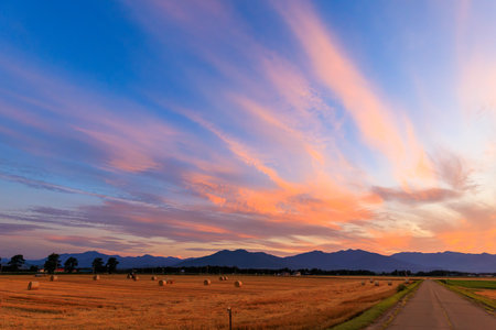 Sunset at the countryside with a road leading to the mountains.の写真素材