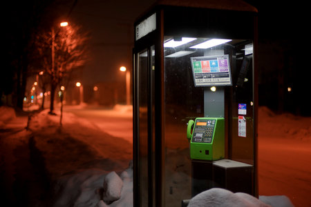 telephone booth in winter morningの写真素材