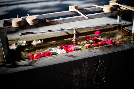 Japanese shrine decorated with flowersの写真素材