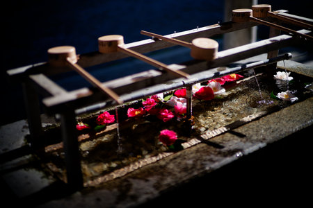 Japanese shrine decorated with flowersの写真素材