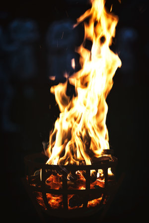 Fire flames on a black background. Shallow depth of field.