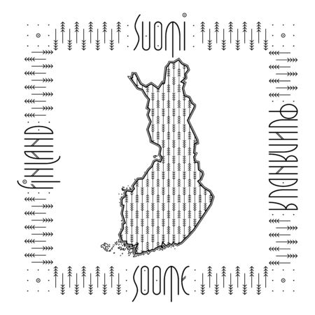 Map of Finland with country names in English, Finnish, Russian, and Estonian in Nordic art deco style. Concept for a Visit Finland brochure. Vector illustration.のイラスト素材