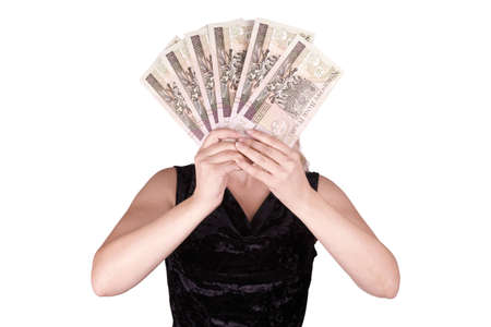 Woman with a card of Polish banknotesの写真素材