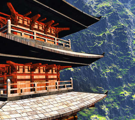 Buddhist temple in mountainsの写真素材