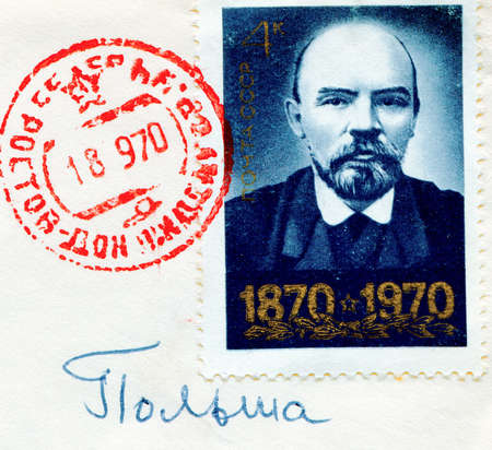 SOVIET UNION - CIRCA 1970: Lenin on Russian vintage stamp, circa 1970のeditorial素材