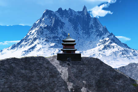 Buddhist temple in mountainsの写真素材