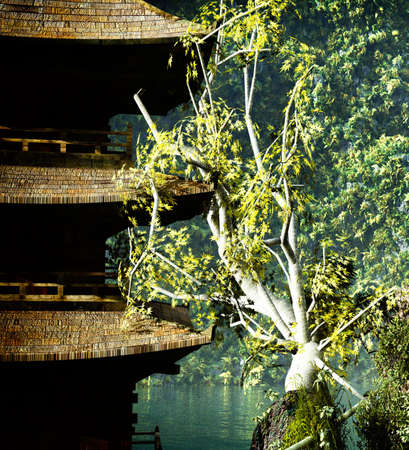Buddhist temple in mountainsの写真素材