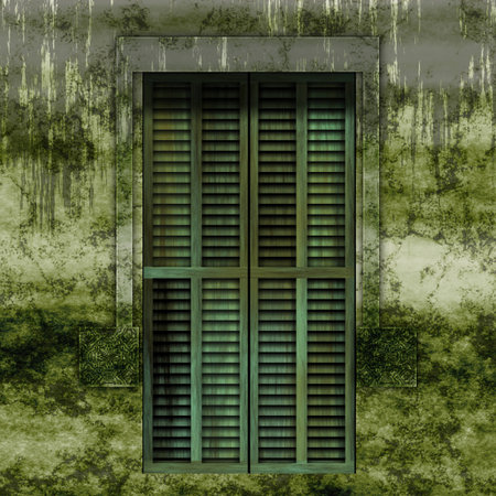 Old windows with grungy wallsの写真素材