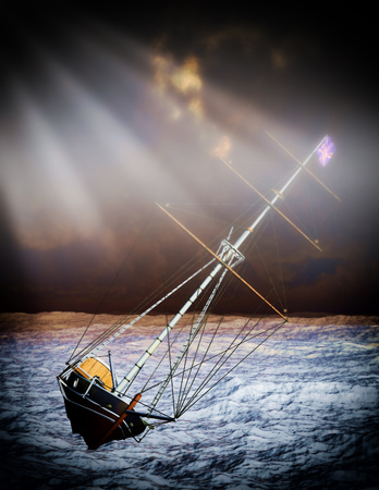 Pirate brigantine out on seaの写真素材