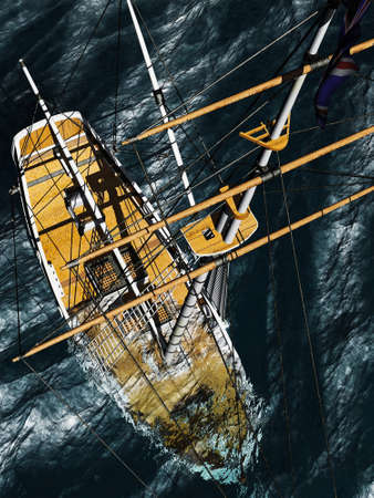 Sinking pirate brigantine on stormy seas