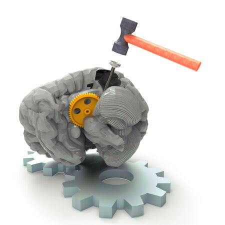 Hitting the nail on the head with cogwheelsの写真素材