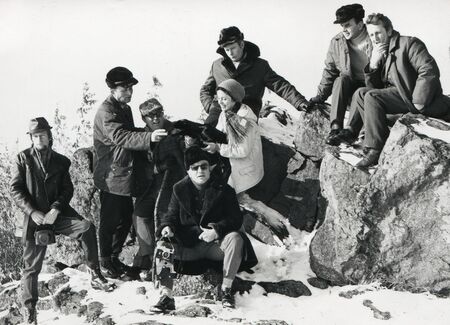 Poland, circa 1968  Colleagues from work enjoying fresh snow in the mountains, circa 1968のeditorial素材