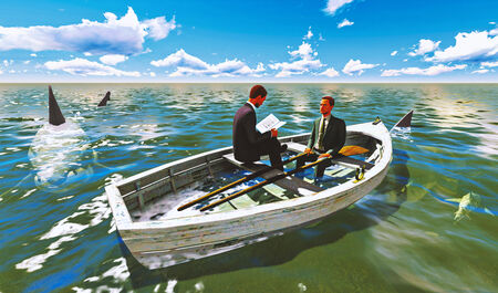 businessmen on boat with sharkの写真素材