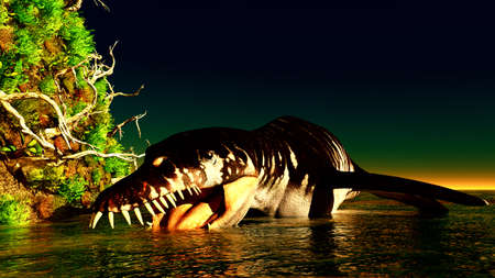 Liopleurodon carnivorous marine reptile lying in shallow waters at nightの写真素材