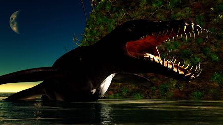 Liopleurodon carnivorous marine reptile lying in shallow waters at nightの写真素材