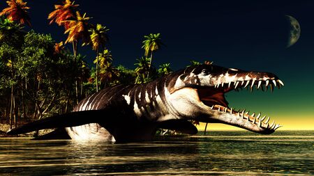 Liopleurodon carnivorous marine reptile lying in shallow waters at nightの写真素材
